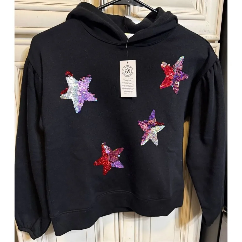 Epic Threads Girls Sequin Stars Hooded Pullover Sweatshirt Black Medium NWT